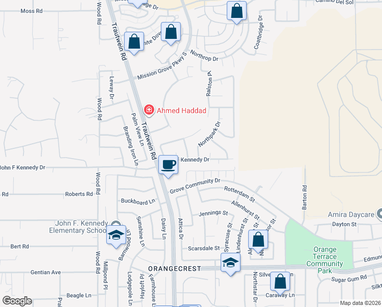 map of restaurants, bars, coffee shops, grocery stores, and more near 8171 Bon View Drive in Riverside