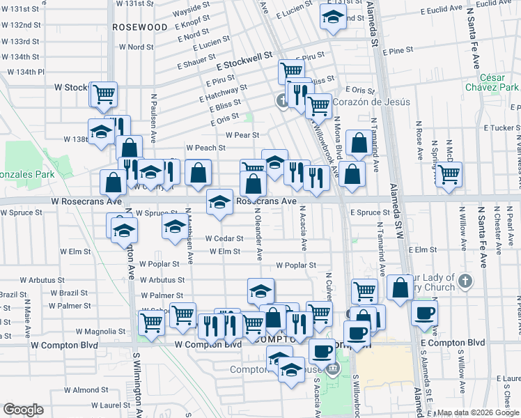 map of restaurants, bars, coffee shops, grocery stores, and more near 374 Rosecrans Avenue in Compton