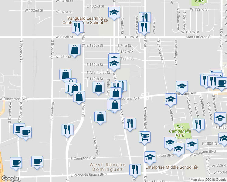 map of restaurants, bars, coffee shops, grocery stores, and more near 318 East 142nd Street in Los Angeles