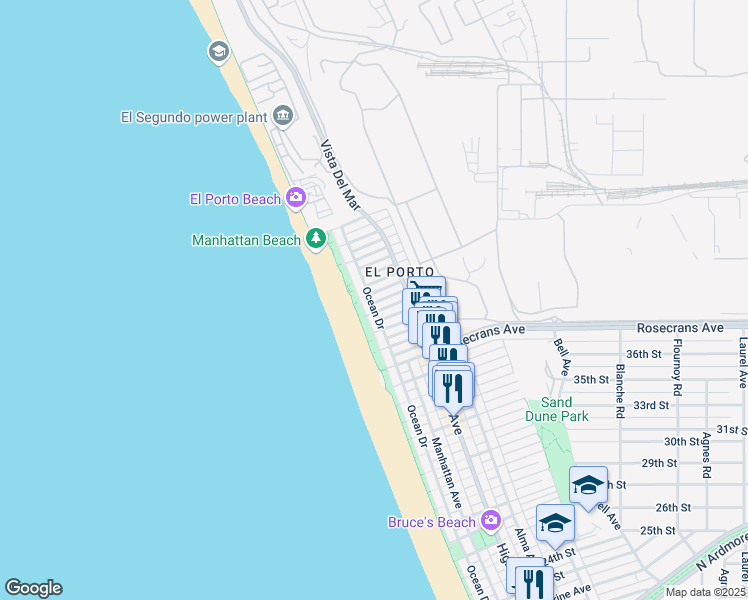 map of restaurants, bars, coffee shops, grocery stores, and more near 4102 Ocean Drive in Manhattan Beach