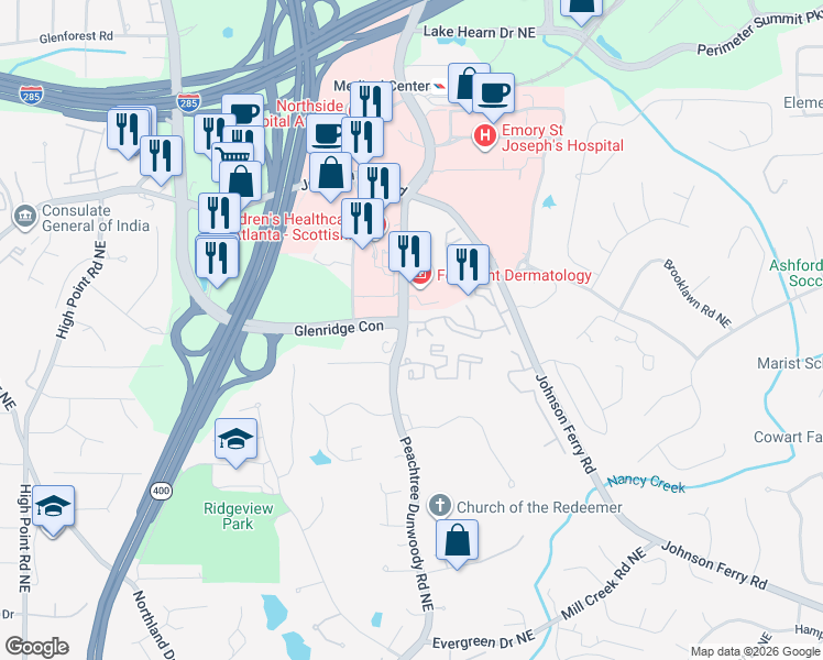 map of restaurants, bars, coffee shops, grocery stores, and more near 5412 Glenridge Cove Northeast in Atlanta
