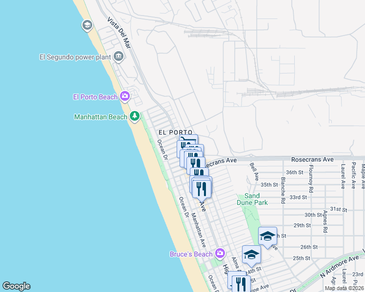 map of restaurants, bars, coffee shops, grocery stores, and more near 3920 Highland Avenue in Manhattan Beach