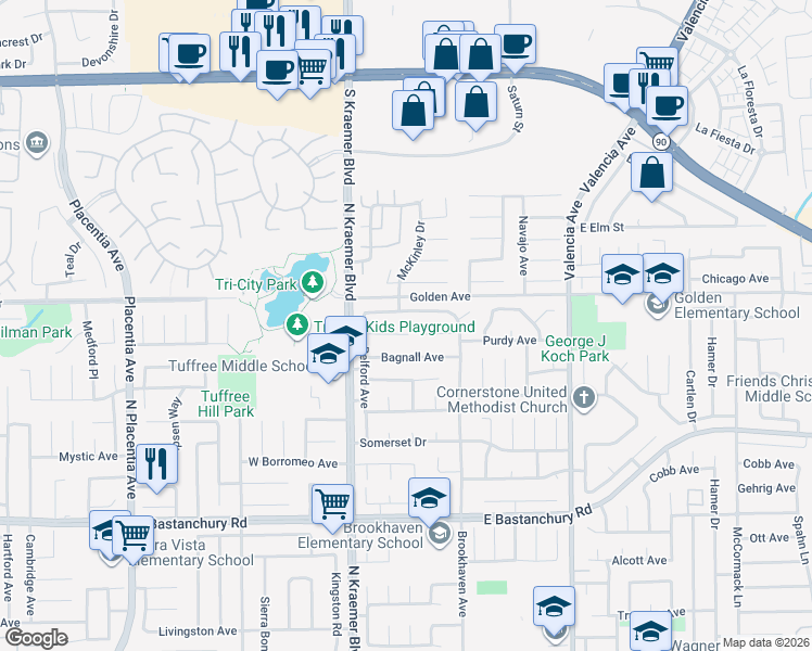 map of restaurants, bars, coffee shops, grocery stores, and more near 314 Koch Avenue in Placentia
