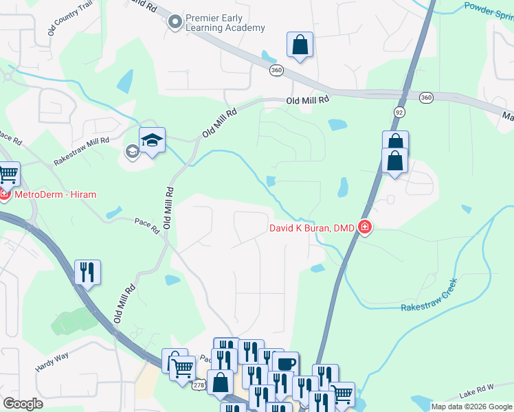 map of restaurants, bars, coffee shops, grocery stores, and more near 152 Corley Circle in Hiram