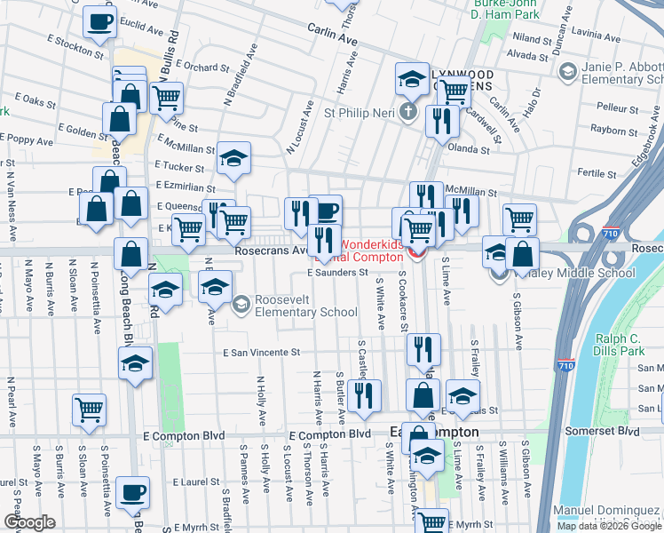 map of restaurants, bars, coffee shops, grocery stores, and more near 4125 East Saunders Street in Compton