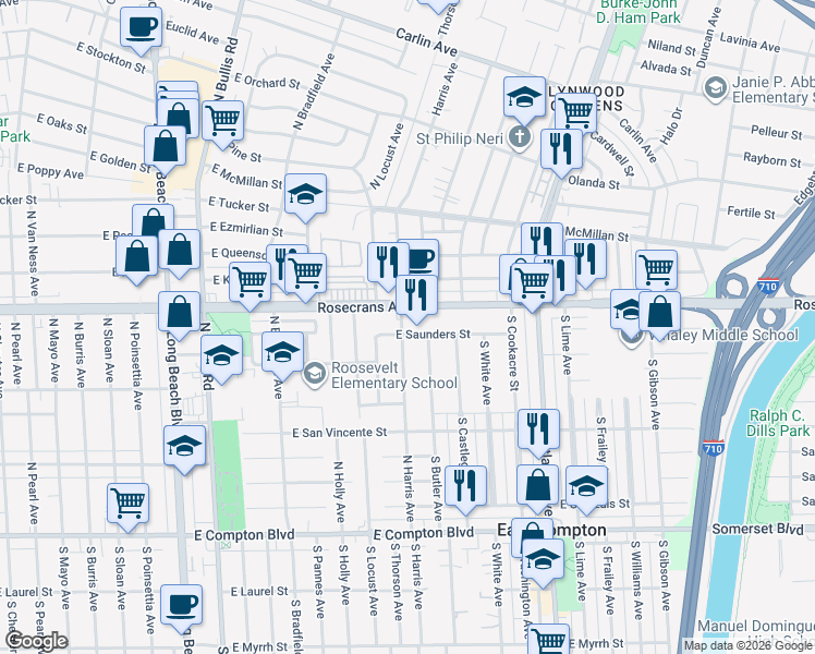 map of restaurants, bars, coffee shops, grocery stores, and more near 4125 East Saunders Street in Compton