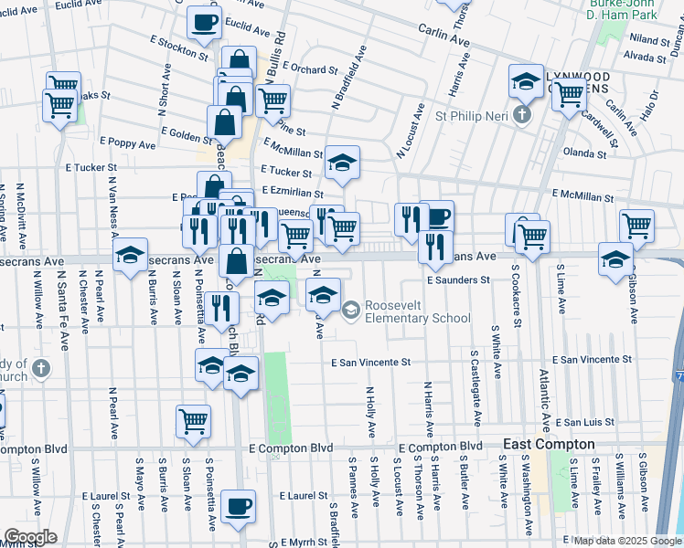 map of restaurants, bars, coffee shops, grocery stores, and more near 1901 East Saunders Street in Compton