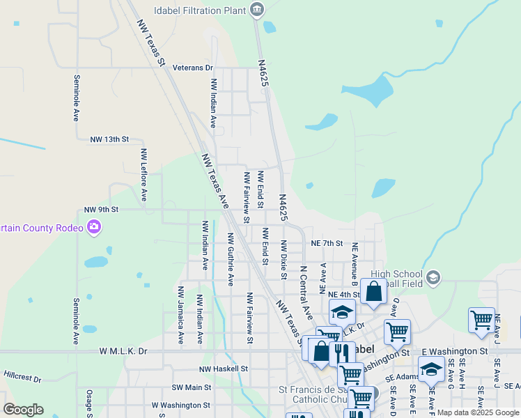 map of restaurants, bars, coffee shops, grocery stores, and more near 211 Northwest 9th Street in Idabel