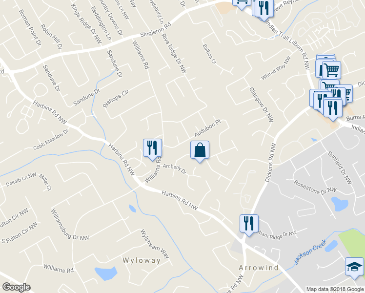 map of restaurants, bars, coffee shops, grocery stores, and more near 5282 Audubon Place in Norcross