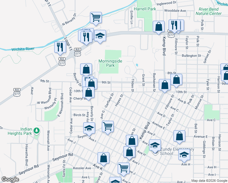 map of restaurants, bars, coffee shops, grocery stores, and more near 3000 10th Street in Wichita Falls