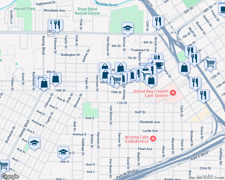 map of restaurants, bars, coffee shops, grocery stores, and more near 1916 10th Street in Wichita Falls