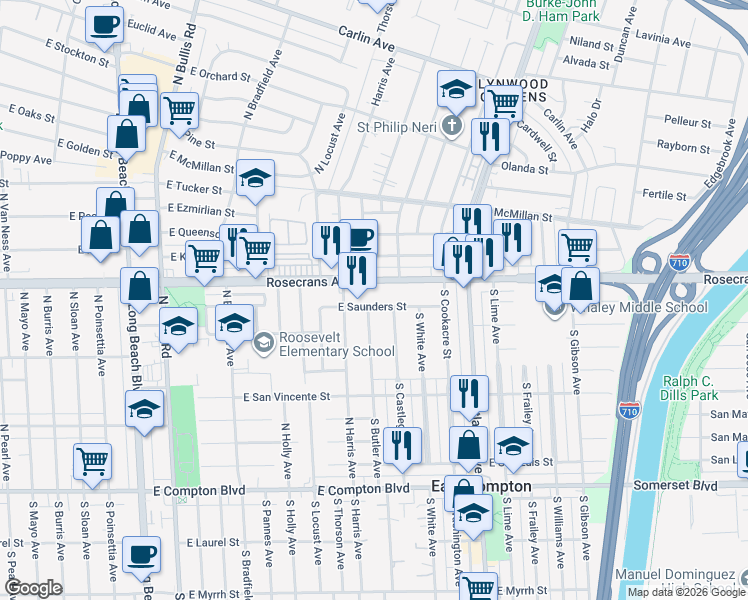 map of restaurants, bars, coffee shops, grocery stores, and more near 4125 East Saunders Street in Compton