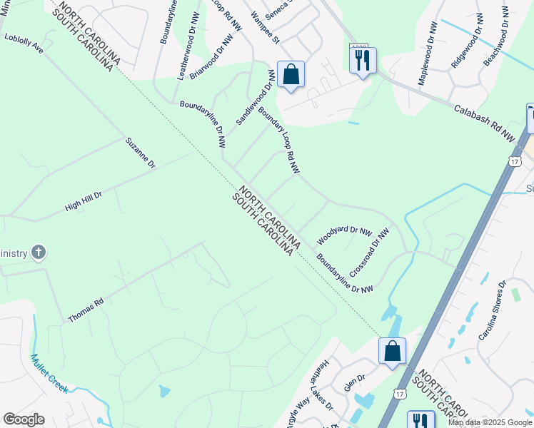 map of restaurants, bars, coffee shops, grocery stores, and more near 359 Boundaryline Drive Northwest in Calabash