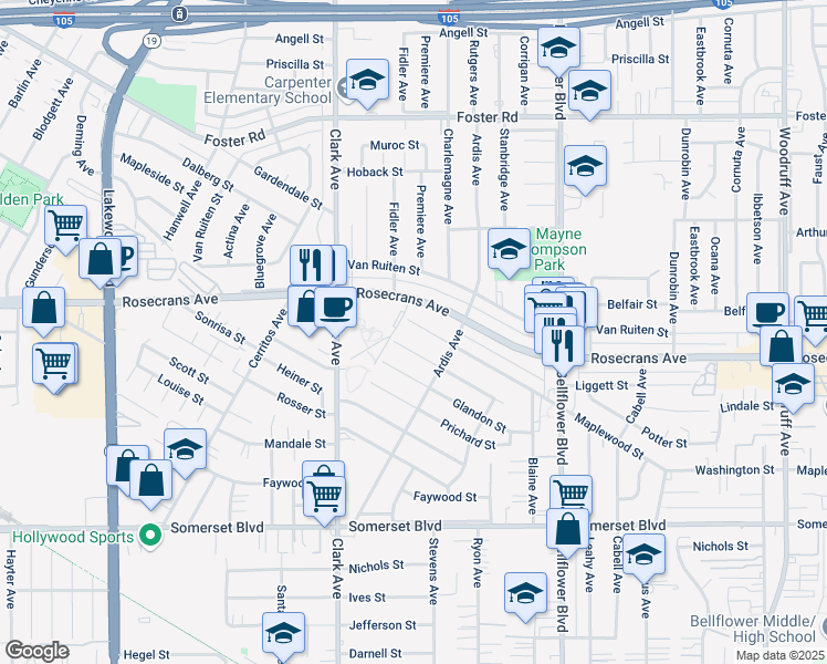 map of restaurants, bars, coffee shops, grocery stores, and more near 9518 Maplewood Street in Bellflower