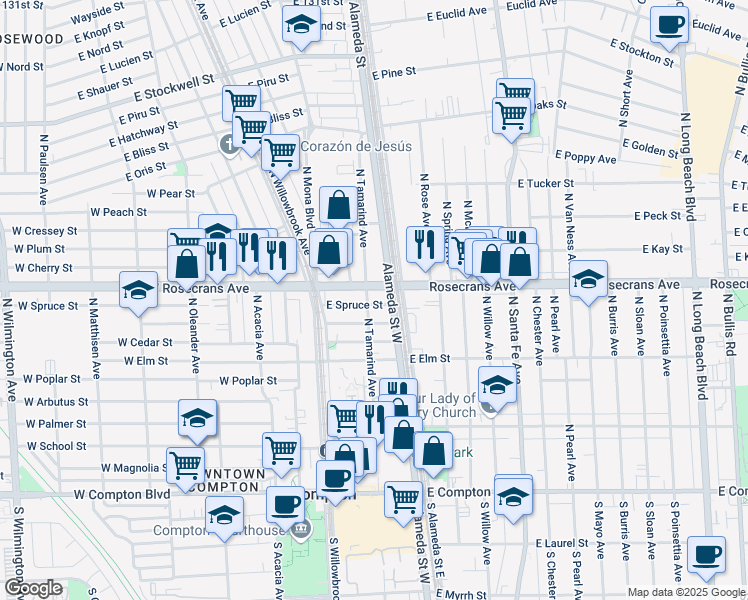 map of restaurants, bars, coffee shops, grocery stores, and more near 1004 N Tamarind Ave in Compton