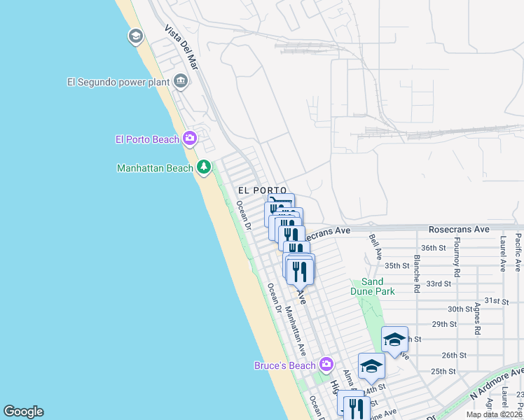 map of restaurants, bars, coffee shops, grocery stores, and more near 221 40th Street in Manhattan Beach