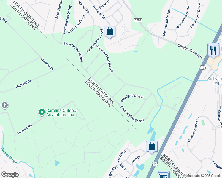 map of restaurants, bars, coffee shops, grocery stores, and more near 342 Shore Court Northwest in Calabash