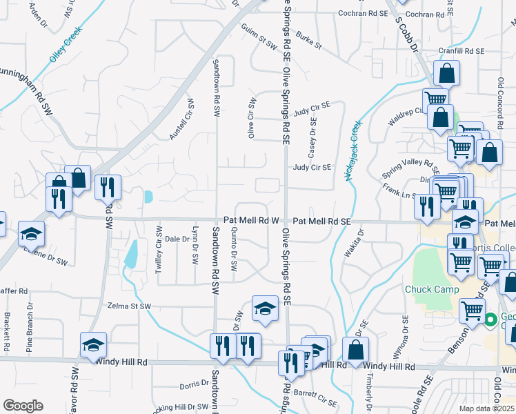 map of restaurants, bars, coffee shops, grocery stores, and more near 2055 Panstone Court Southwest in Marietta