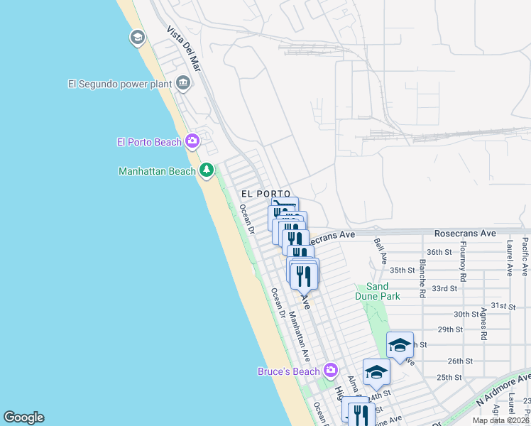 map of restaurants, bars, coffee shops, grocery stores, and more near 221 40th Street in Manhattan Beach