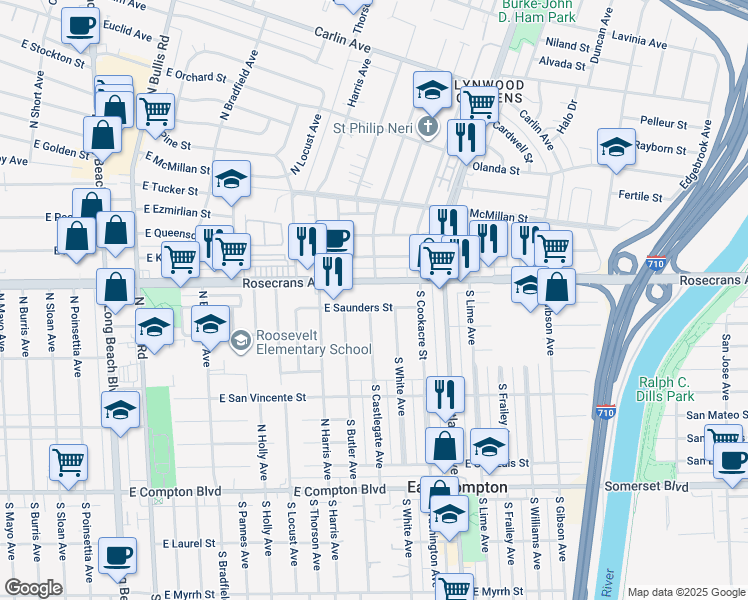 map of restaurants, bars, coffee shops, grocery stores, and more near 4235 East Saunders Street in Compton