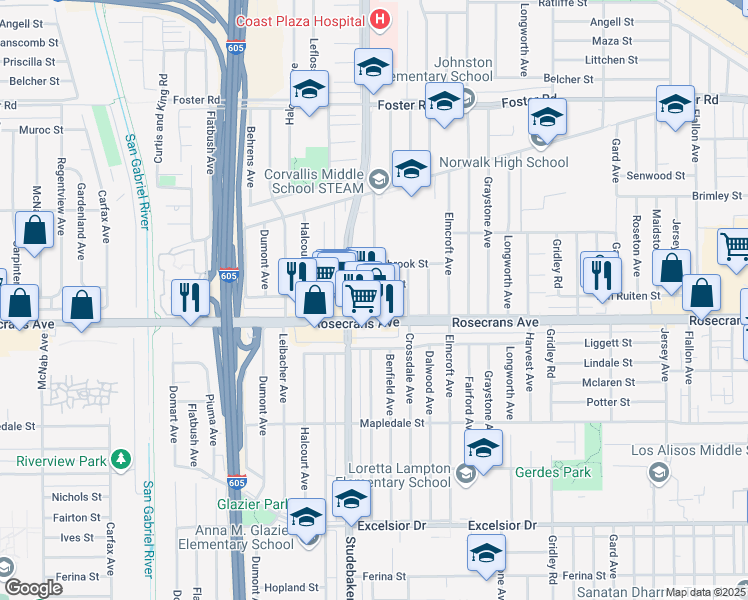 map of restaurants, bars, coffee shops, grocery stores, and more near 14100 Studebaker Road in Norwalk