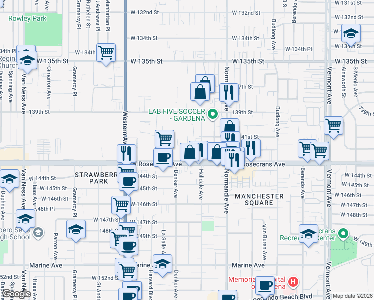 map of restaurants, bars, coffee shops, grocery stores, and more near 14112 Kingsley Drive in Gardena