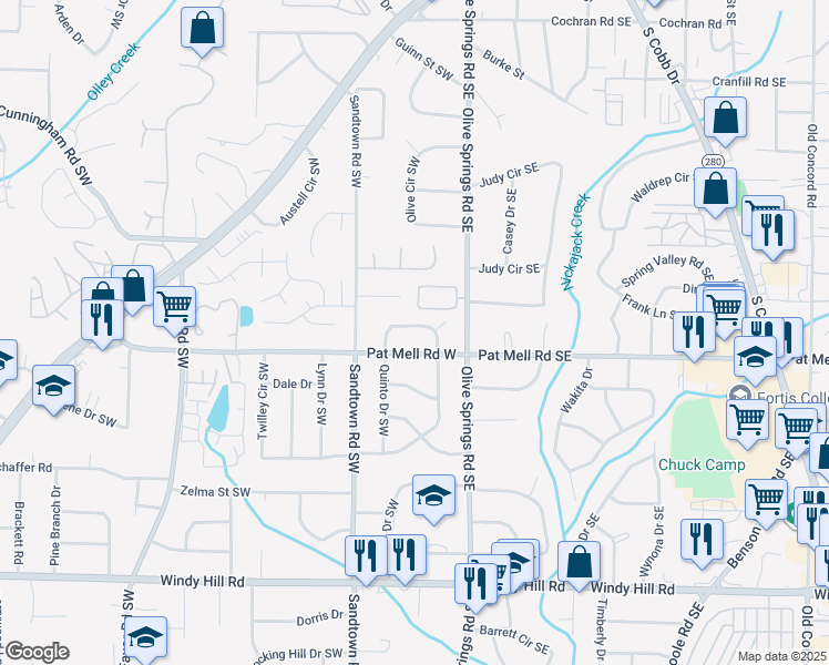 map of restaurants, bars, coffee shops, grocery stores, and more near 2055 Panstone Court Southwest in Marietta