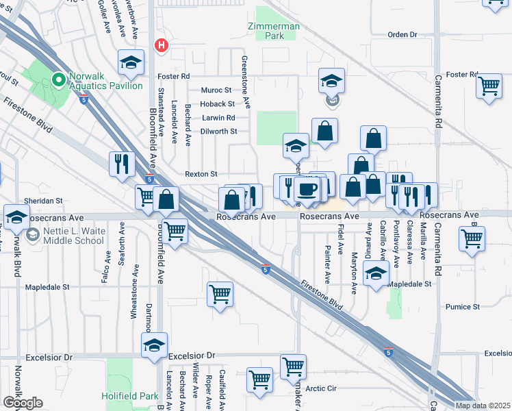 map of restaurants, bars, coffee shops, grocery stores, and more near 14028 Greenstone Avenue in Norwalk