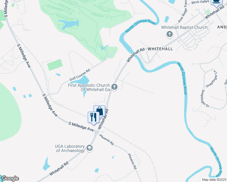 map of restaurants, bars, coffee shops, grocery stores, and more near 745 Whitehall Road in Athens