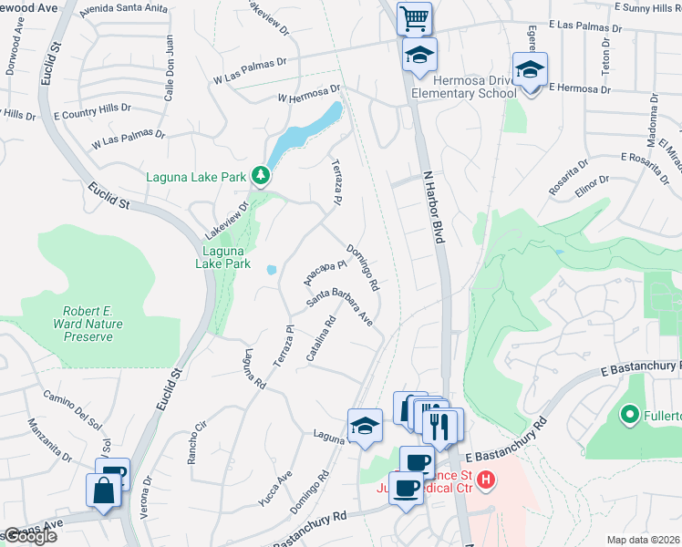 map of restaurants, bars, coffee shops, grocery stores, and more near 2830 Anacapa Place in Fullerton