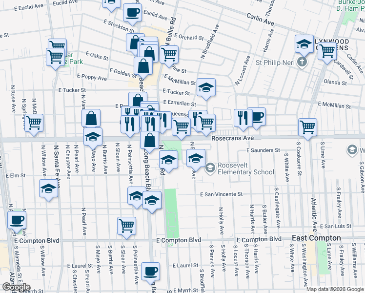 map of restaurants, bars, coffee shops, grocery stores, and more near 1005 North Bradfield Avenue in Compton