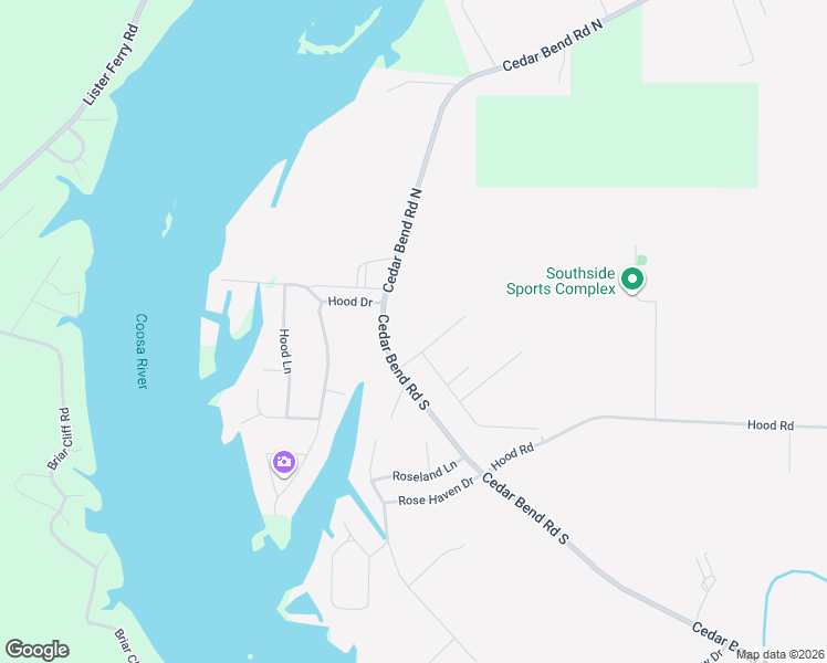 map of restaurants, bars, coffee shops, grocery stores, and more near 1042 Cedar Lane in Gadsden