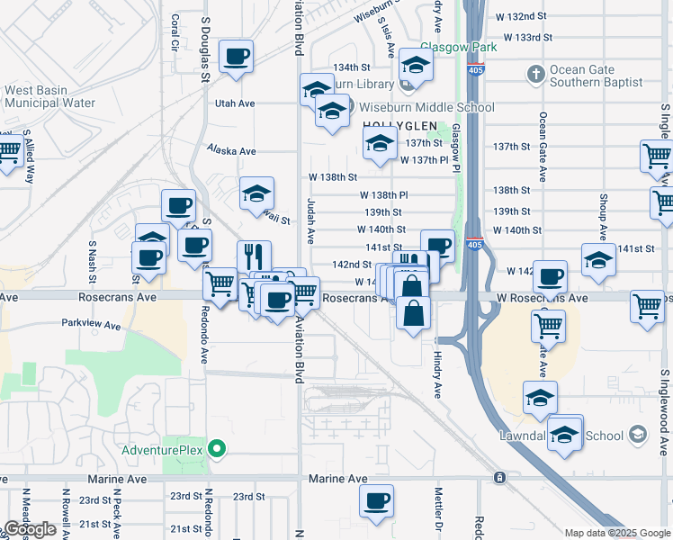 map of restaurants, bars, coffee shops, grocery stores, and more near 5516 142nd Street in Hawthorne