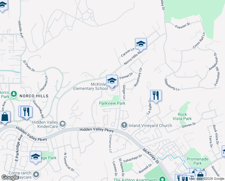 map of restaurants, bars, coffee shops, grocery stores, and more near 2050 Aztec Lane in Corona