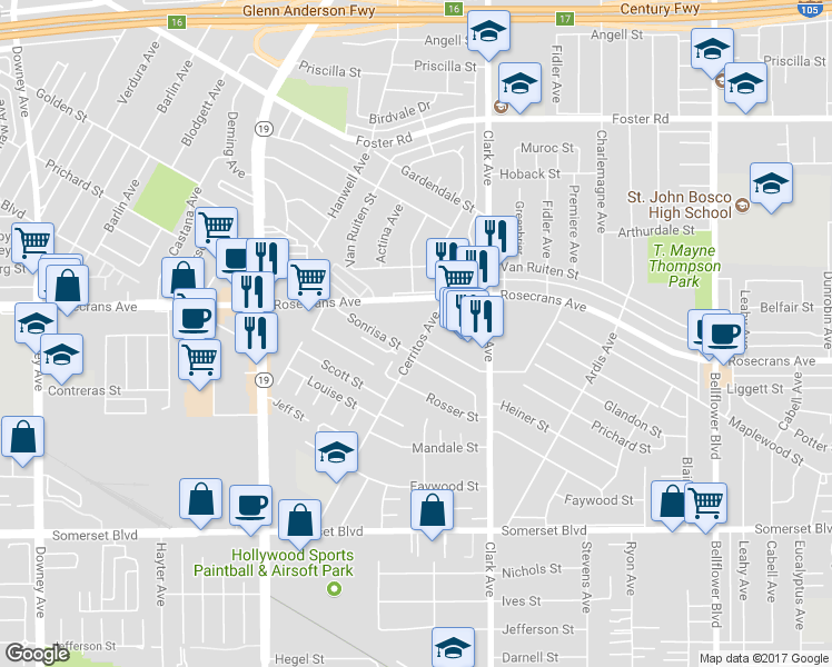 map of restaurants, bars, coffee shops, grocery stores, and more near 14415 Cerritos Avenue in Bellflower