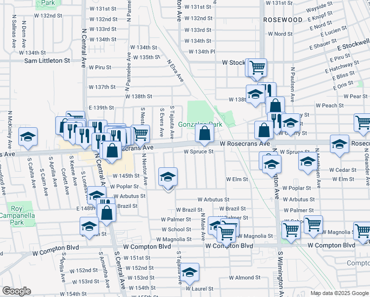 map of restaurants, bars, coffee shops, grocery stores, and more near 1125 West Spruce Street in Compton