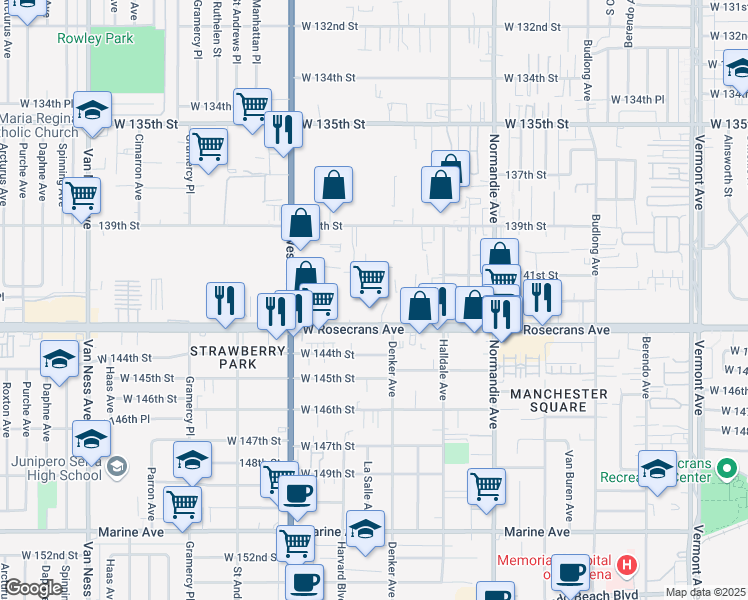 map of restaurants, bars, coffee shops, grocery stores, and more near 1611 West Rosecrans Avenue in Gardena