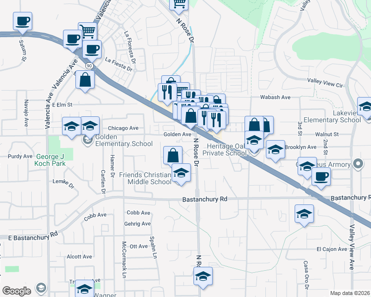 map of restaurants, bars, coffee shops, grocery stores, and more near 16711 Landmark Avenue in Yorba Linda