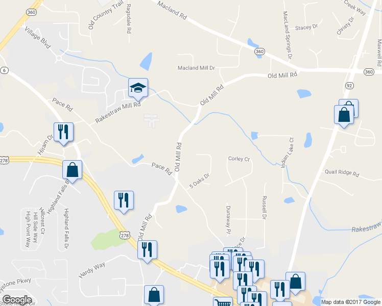 map of restaurants, bars, coffee shops, grocery stores, and more near 298 5 Oaks Drive in Hiram