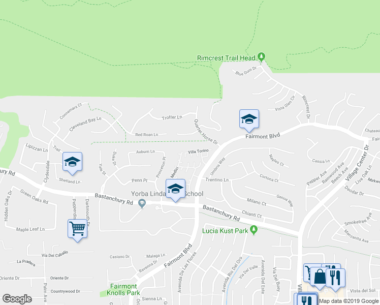 map of restaurants, bars, coffee shops, grocery stores, and more near 19955 Villa Torino in Yorba Linda
