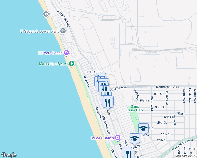 map of restaurants, bars, coffee shops, grocery stores, and more near 3920 Highland Avenue in Manhattan Beach