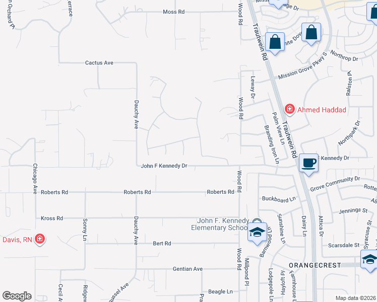 map of restaurants, bars, coffee shops, grocery stores, and more near 8075 Terraza Court in Riverside