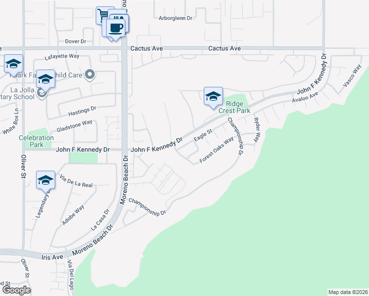 map of restaurants, bars, coffee shops, grocery stores, and more near 28308 Eagle Street in Moreno Valley