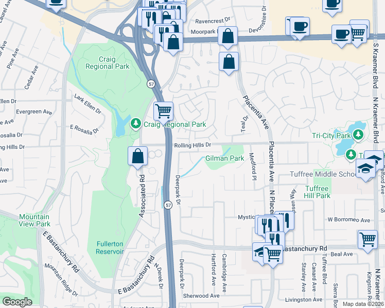 map of restaurants, bars, coffee shops, grocery stores, and more near 2730 Hartford Avenue in Fullerton