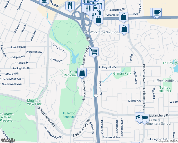 map of restaurants, bars, coffee shops, grocery stores, and more near 2782 Pine Creek Circle in Fullerton