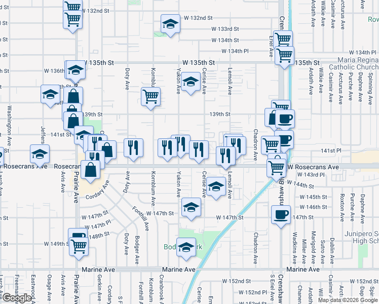 map of restaurants, bars, coffee shops, grocery stores, and more near 14116 Yukon Avenue in Hawthorne