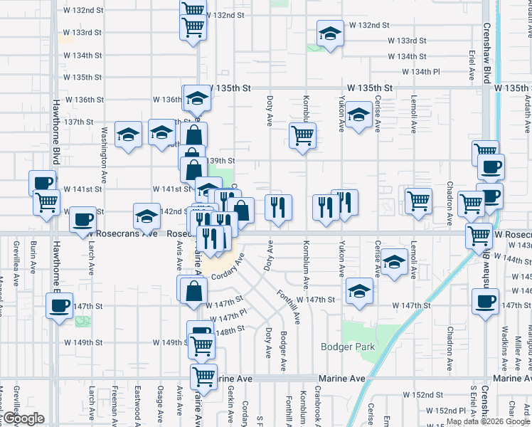 map of restaurants, bars, coffee shops, grocery stores, and more near 14119 Doty Avenue in Hawthorne