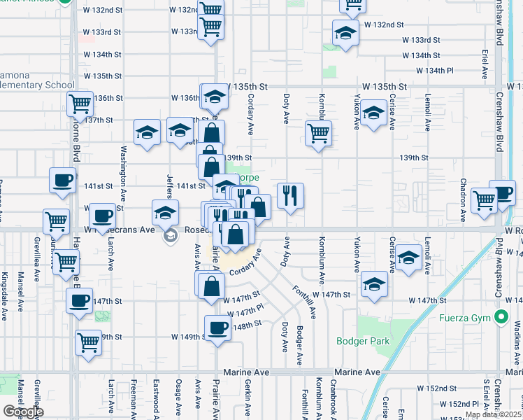 map of restaurants, bars, coffee shops, grocery stores, and more near 14110 Cordary Avenue in Hawthorne