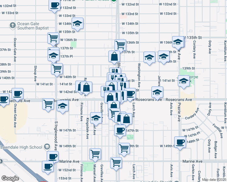 map of restaurants, bars, coffee shops, grocery stores, and more near 14167 Hawthorne Boulevard in Hawthorne