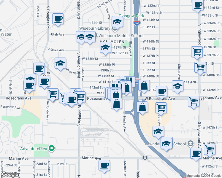 map of restaurants, bars, coffee shops, grocery stores, and more near 14226 South Isis Avenue in Hawthorne